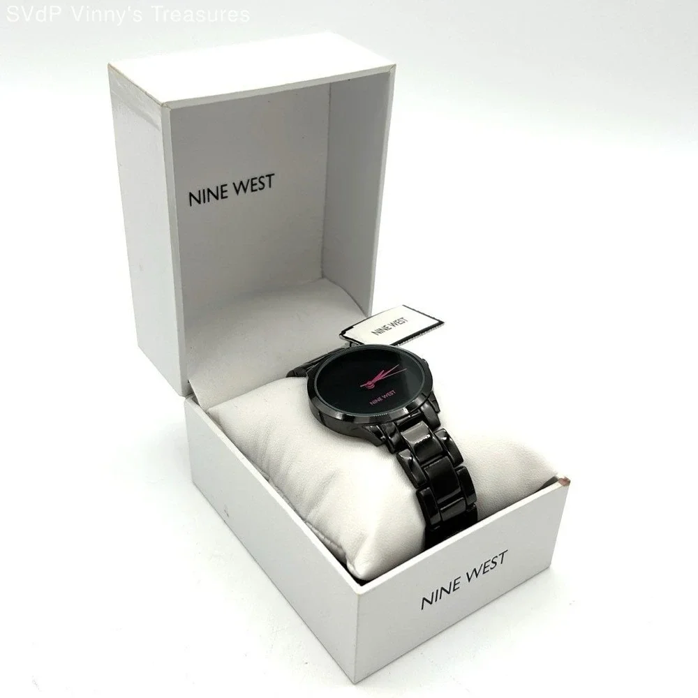 Vintage Y2K Nine West Women's Black Gunmetal Watch Pink Hands NW/2435YF Box